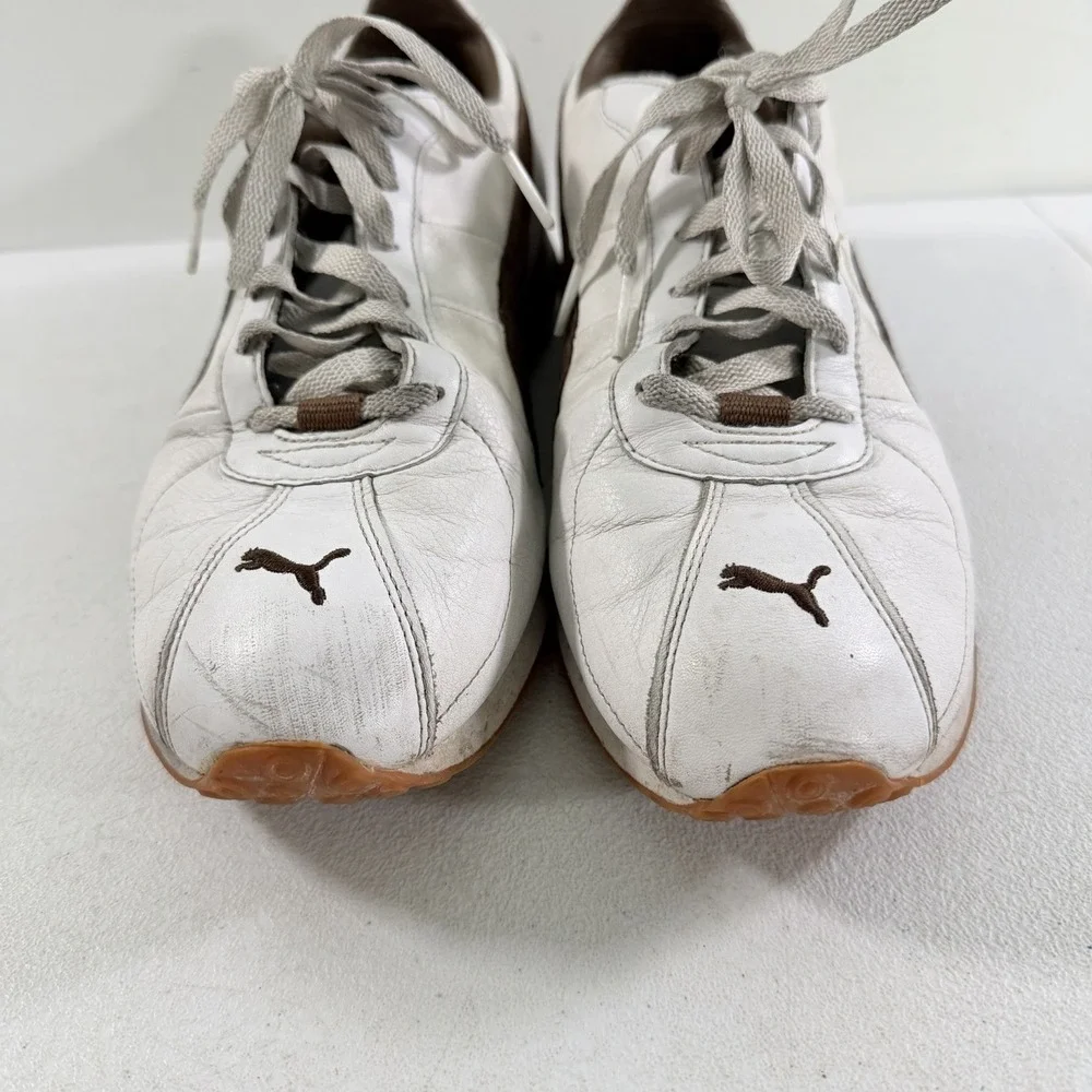 Vintage Puma Turin Men's White Brown Leather Suede Sneakers Shoes Size 11.5